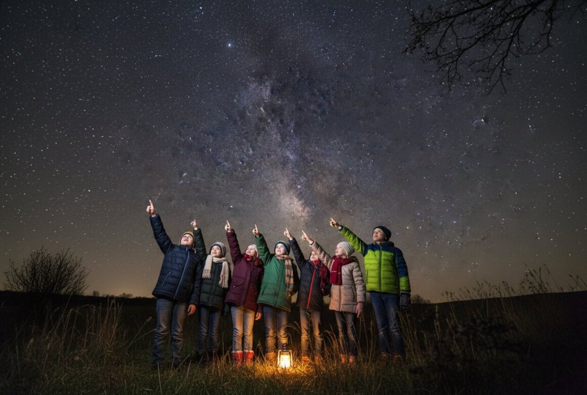 Foto bij lezing 7-2-26, Jeffrey Bout Een groepje kinderen wijst naar de sterrenhemel .jpg